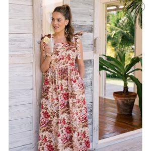Floral Print Tie Shoulder Cotton Maxi Dress